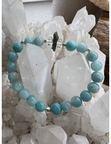 Vltavín s křišťálem a amazonitem - náramek