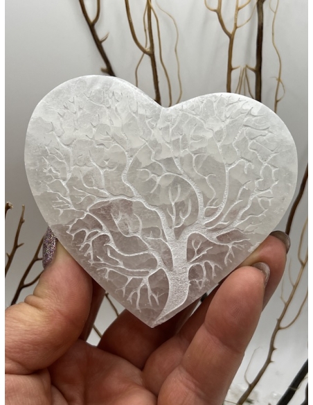 Selenit - srdce s gravírování strom života