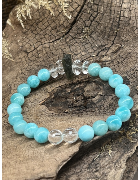 Vltavín s křišťálem a amazonitem - náramek