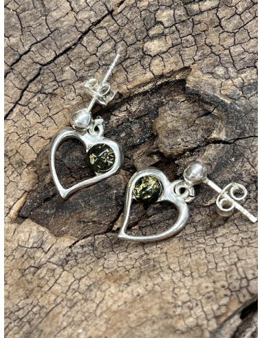 Jantar - náušnice - srdíčko - stříbro Ag 925
