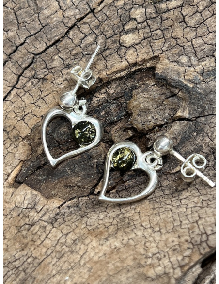 Jantar - náušnice - srdíčko - stříbro Ag 925